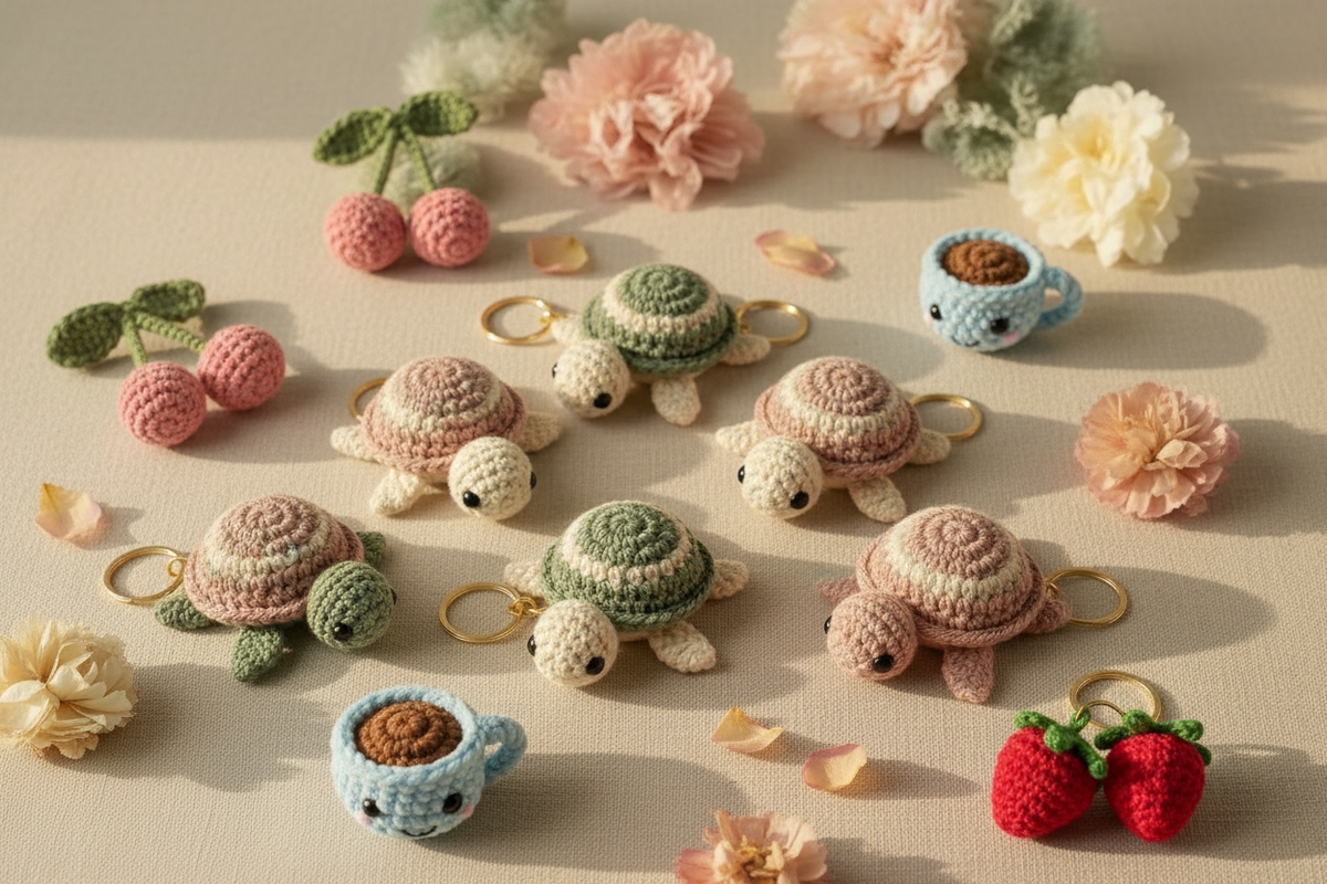 Handmade crochet key rings including turtle, strawberry, cherry and coffee cup keychains by SayitShop South Africa