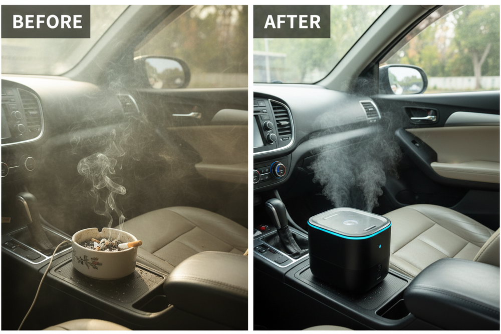 Before and after smoke-purifying ashtray comparison